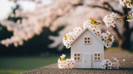 Miniature house adorned with blossoms against a blurred spring backdrop