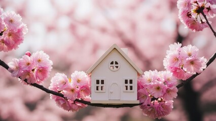 Miniature house framed by vibrant pink blossoms on a tree branch