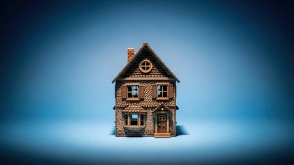 Miniature house model with details, against a gradient blue background