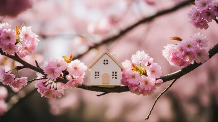 Miniature house on a flowering branch, enveloped by soft pink blooms