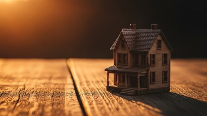 Miniature house on a wooden table, lit by warm sunlight