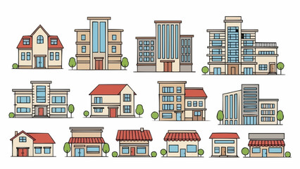 Collection of diverse building illustrations for architectural design.