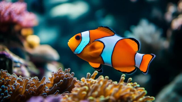 Vibrant orange and white clownfish swimming near coral reefs underwater