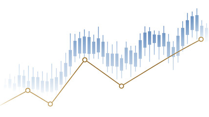 Upward trend financial candlestick chart with line graph showing consistent market growth and rising economy on a clean white background.