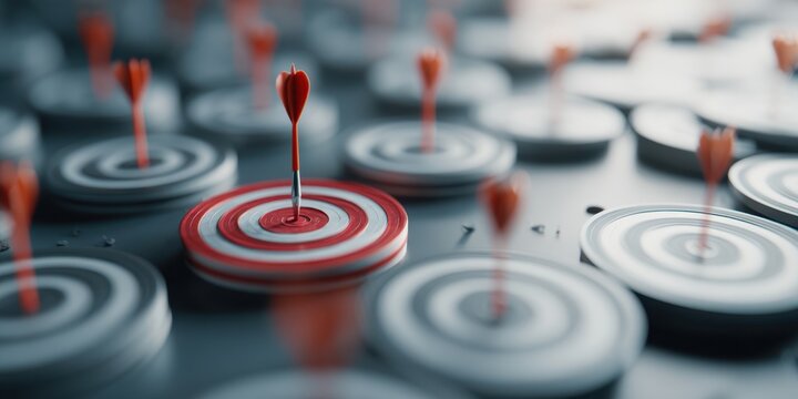 Bullseye Focus: A macro shot emphasizes precision and strategic alignment with many targets marked with darts in a business setting, symbolizing goals and precision.
