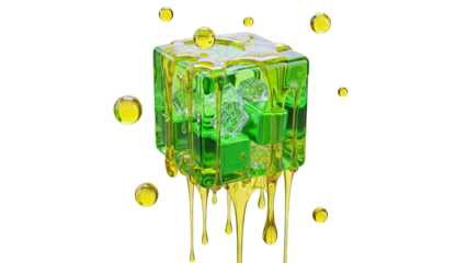 Melting Green Cube with Liquid Drips and Spheres