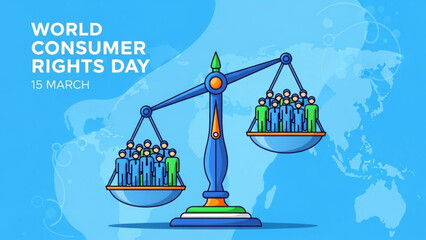 World consumer rights day illustration with balanced scales and people on blue background