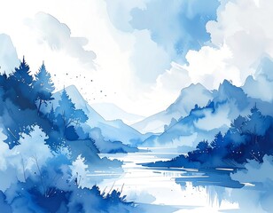 Blue watercolor landscape featuring trees, mountains, and a river with clouds in the sky, painted in shades of blue