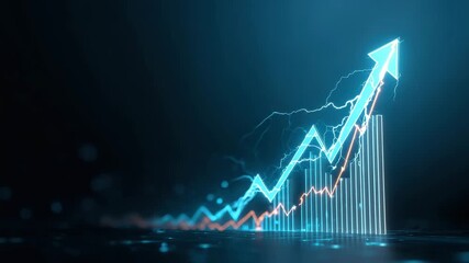 Neon blue arrow graph rising with glowing line chart and lightning effects, dynamic upward growth visualization conveying energy and financial success neon blue arrow and glowing financial graph - Powered by Adobe