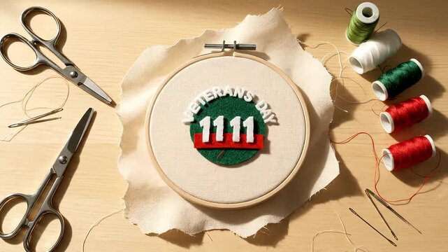 Embroidery hoop with '1111' logo surrounded by sewing tools and threads on a wooden surface from a top-down viewpoint