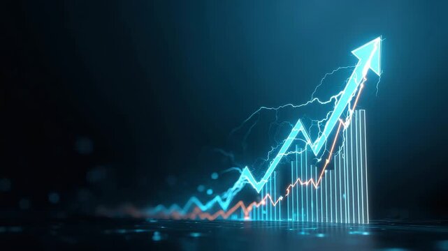Neon blue arrow graph rising with glowing line chart and lightning effects, dynamic upward growth visualization conveying energy and financial success neon blue arrow and glowing financial graph
