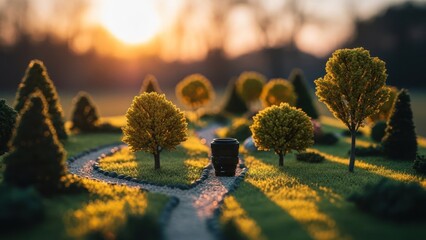 Miniature park scene with trees, sun, and winding path at sunset