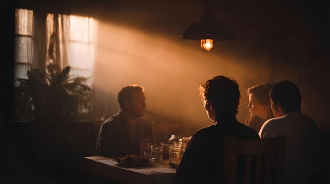 Four people gathered around a table indoors bathed in warm golden light streaming through a window suggesting a quiet meal or conversation