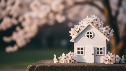 Miniature white house adorned with blossoming flowers, blurred spring background
