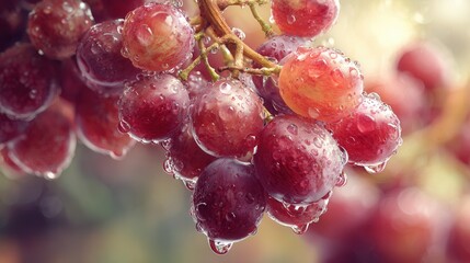 Fresh red grapes on a vine, covered with water droplets, vibrant macro close-up revealing translucent skins and natural texture, soft bokeh background with gentle light