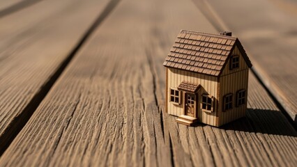 Miniature wooden house on a weathered wooden surface, sunlit