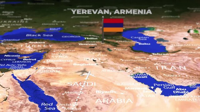 Flight From Addis Ababa ETHIOPIA to YEREVAN ARMENIA with flag pins