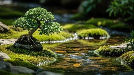 Miniature tree sits by shallow stream, surrounded by moss and rocks