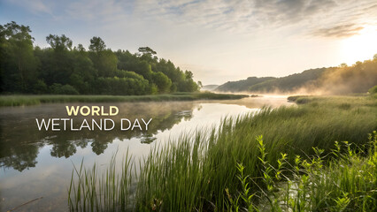Fototapeta premium Serene wetland landscape with misty sunrise over calm waters and lush greenery
