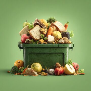 green compost container filled with leftover bread, vegetables and fruit scraps, symbolizing food recycling and sustainable lifestyle, natural daylight, eco-friendly concept