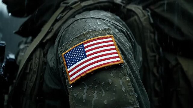 A close-up view of a service member's uniform, featuring a prominent national flag patch, reflecting unwavering commitment, courage, and resilience in challenging environments
