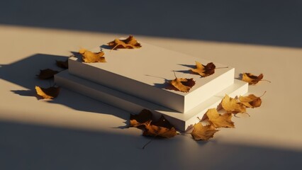 Minimalist platform with autumn leaves, bathed in soft, warm light