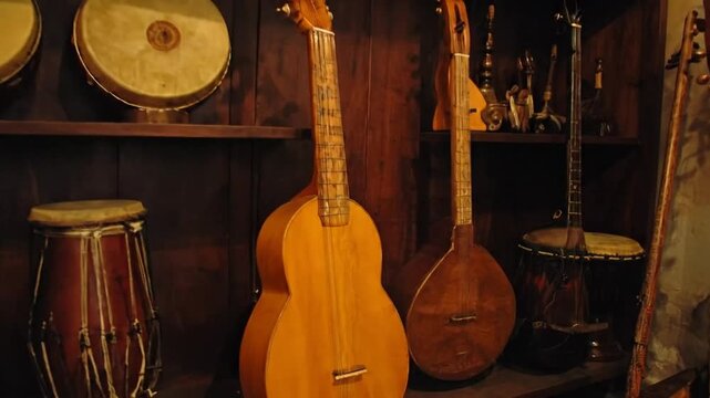 A collection of various wooden string and percussion instruments displayed on shelves