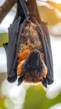 Upside-down bat hanging from branch, fuzzy, dark fur, curious gaze, dreamy bokeh background