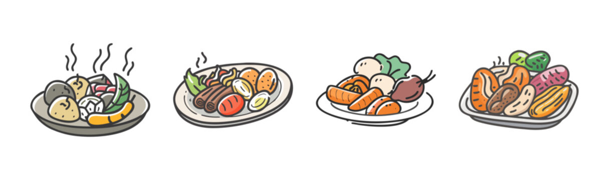 Hand-drawn roasted vegetables and meat on plates, steaming hot food illustration