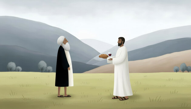 Melchizedek blesses Abraham with bread and wine. A biblical illustration of the priest of Salem meeting Abram. A story of priesthood, blessing, and tithes from the Old Testament.

