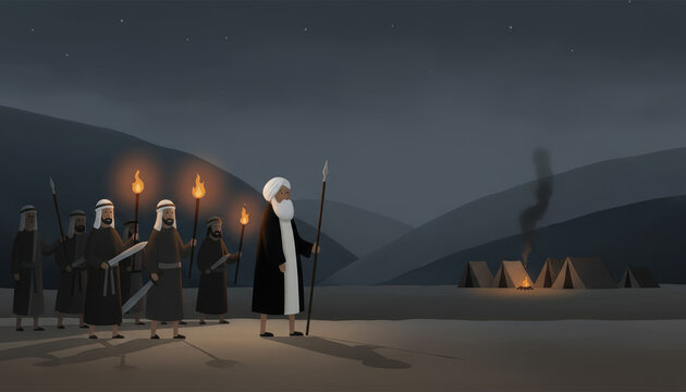 Abraham rescues Lot. A biblical illustration of Abram and his trained men going to battle at night to save his nephew from captivity. A story of family loyalty and courage.
