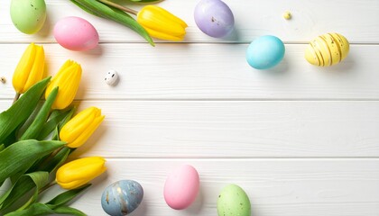 Obraz premium Illustrations of colorful Easter eggs and spring flowers, creative
