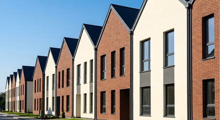 Modern suburban townhouses with brick and white facades under blue sky