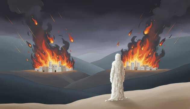 Lot's wife turns into a pillar of salt as she looks back at the burning cities of Sodom and Gomorrah. A dramatic biblical illustration of judgment from the Book of Genesis.
