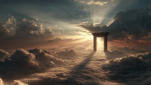 Golden sunlight pours through ancient stone doorway and gateway above sea of golden clouds at sunrise, sunbeams streaming through arch into dramatic cloudscape sky, evoking serene heavenly atmosphere