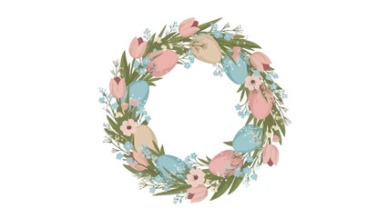 Charming Easter Wreath with Tulips, Eggs, and Delicate Flowers, Vector Illustration