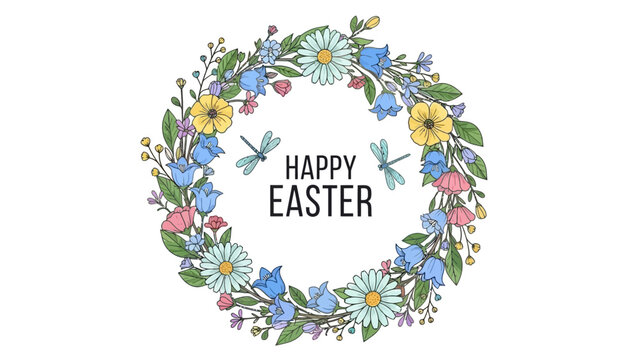 Happy Easter floral wreath with dragonflies and colorful flowers, elegant spring design