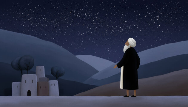 Abraham looks up at the stars, receiving God's promise of countless descendants. A biblical illustration of the covenant from Genesis 15:5.
