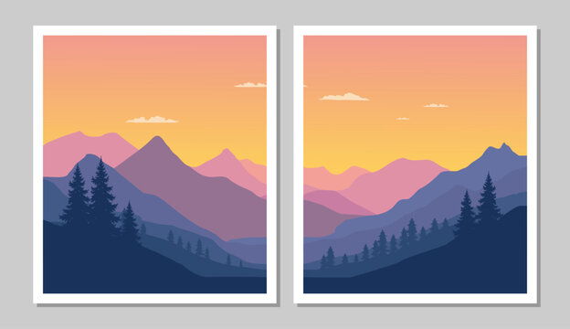 Sunset over majestic mountain range with silhouetted trees