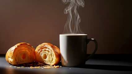A halved croissant and a steaming cup of coffee on a dark surface with a blurred brown background