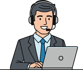 Customer Service Support Man Help Desk Online Business Concept, Flat Cartoon Illustration Style