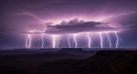 Lightning storm with multiple cloud-to-ground bolts over desert mesas at night, purple thundercloud sky, wide landscape panorama