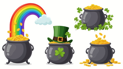 Obraz premium Lucky St. Patrick's Day Theme: Pots of Gold, Rainbow, and Leprechaun Hat with Shamrocks