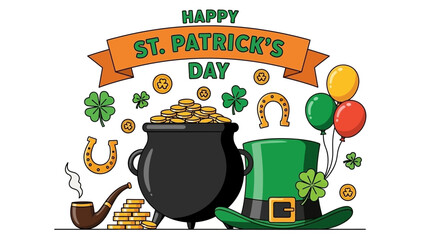 Happy St. Patrick's Day Festive Illustration with Pot of Gold and Leprechaun Hat