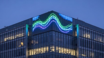 Modern building exterior with a colorful, illuminated wave-like display