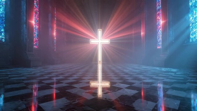 Neon cross glowing inside cathedral nave with stained glass windows and marble floor reflection, dramatic light ray mist grand interior, reverent religious symbol illuminated by colorful stained