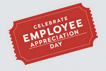 A red ticket design with the text 'celebrate employee appreciation day' for corporate events and recognition