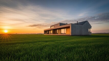 Modern home in a vibrant green field at sunset with blue sky