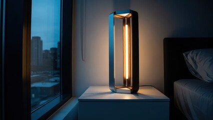 Modern lamp with glowing tube on nightstand by a window at dusk