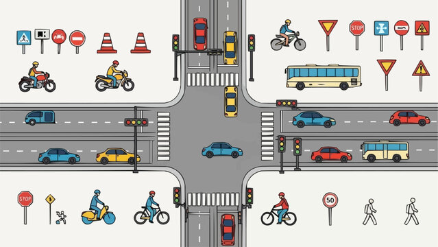 Busy City Intersection With Traffic Signals Cars Buses and Pedestrians.